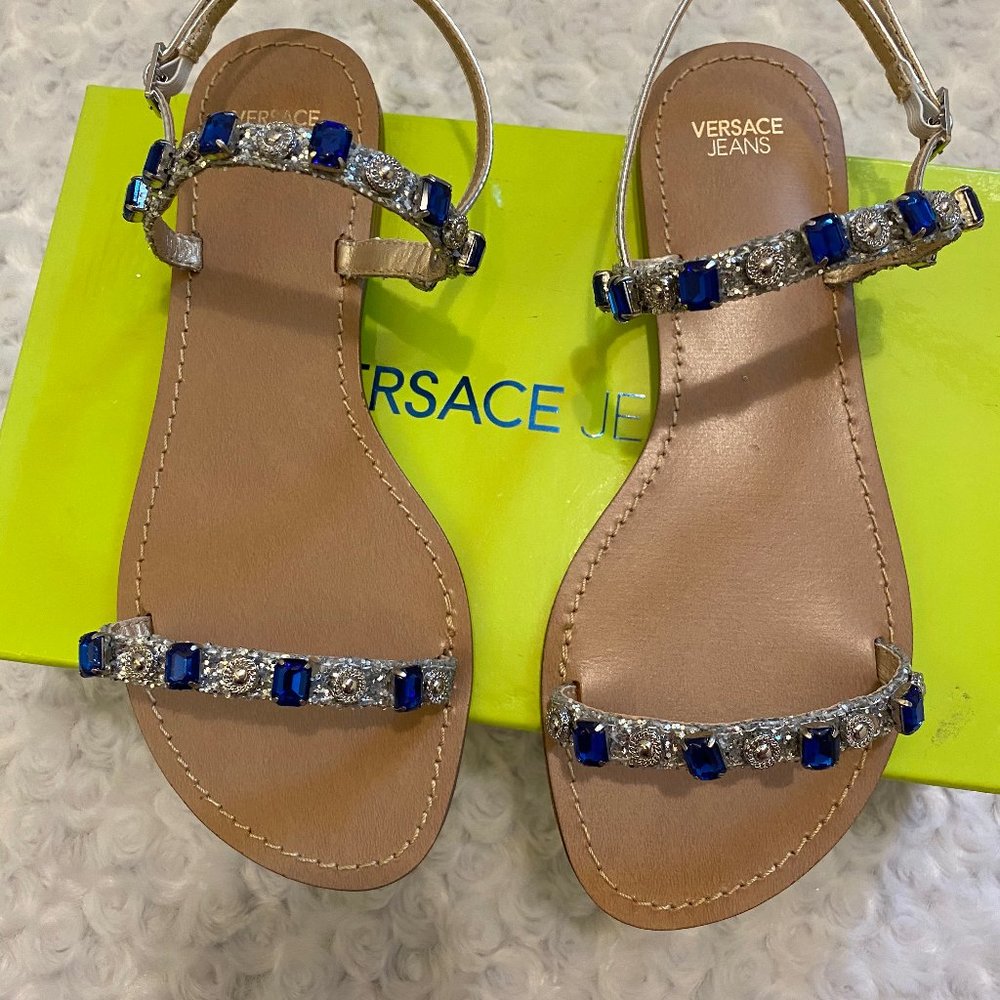 Versace Jeans Ladies Blue Glitter Mirror Flat Sandals-37 - Picture 6 of 12